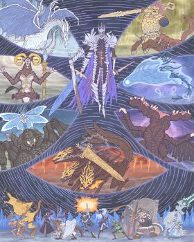 3girls 6+boys absurdres adel_(elden_ring) animal_head arm_mounted_weapon armor arms_up axe beard bibuo bird_boy black_boots black_capelet black_dress black_hat black_skin blindfold_mask blonde_hair blue_jacket blue_surcoat boots bow_(weapon) breastplate bug caligo_miasma_of_night cape capelet centaur cerberus colored_skin covered_eyes covered_face dark-skinned_female dark_skin dog dragon dress dual_wielding duchess_(elden_ring) elden_ring elden_ring_nightreign everyone executor_(elden_ring) extra_arms extra_eyes extra_tails eye_mask facial_hair faurtis_(elden_ring) feathered_wings fulghor_(elden_ring) full_armor full_body gauntlets gladius_(elden_ring) gnoster_(elden_ring) goat_horns goat_legs gold_armor greatsword greaves guardian_(elden_ring) hands_up hat helmet heolstor_the_nightlord highres holding holding_axe holding_bow_(weapon) holding_polearm holding_shield holding_sword holding_weapon hooves horizontal_pupils horns huge_weapon insect ironeye_(elden_ring) jacket jellyfish katana libra_(elden_ring) maris_(elden_ring) mask meditation monster moth mouth_hold multiple_boys multiple_girls pants pauldrons plume polearm purple_cape raider_(elden_ring) recluse_(elden_ring) revenant_(elden_ring) robe scabbard scale_armor sheath sheathed shield shoulder_armor skeleton spear spiked_helmet staff standing sword talons taur tentacles translucent triple_wielding very_big_eyes weapon western_dragon white_dragon white_pants white_robe wide_sleeves winged_helmet wings witch witch_hat wylder_(elden_ring)