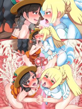 2boys 2girls absurdres alolan_form alolan_ninetales ashikoshi_jakushi bestiality bisexual_female black_eyes black_hair blonde_hair breasts censored cleavage cum cum_in_pussy gen_7_pokemon green_eyes hat heart heart-shaped_pupils highres impregnation kiss large_breasts lillie_(pokemon) long_hair mosaic_censoring mudsdale multiple_boys multiple_girls nintendo pleated_skirt pokemon pokemon_usum pokephilia selene_(pokemon) skirt symbol-shaped_pupils tongue tongue_out vaginal white_skirt