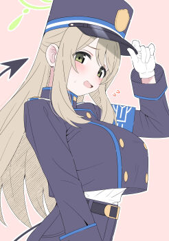 1girl absurdres belt black_belt blue_archive blush breasts brown_hair commentary_request cosplay demon_tail gloves green_eyes green_halo halo hat highres large_breasts long_hair looking_at_viewer mistel_(sukebemistel) nonomi_(blue_archive) nozomi_(blue_archive) nozomi_(blue_archive)_(cosplay) open_mouth pink_background revision simple_background solo tail white_gloves