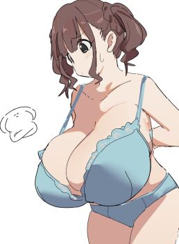 1girl 1other arms_behind_back artist_self-insert bad_id bad_twitter_id black_eyes blue_bra blue_panties blush bra breasts brown_hair cleavage closed_mouth collarbone cowboy_shot crossed_arms dot_mouth furrowed_brow highres huge_breasts original osakana_(kitasisn) panties short_twintails sidelocks simple_background strap_gap sugimori_futaba_(osakana) sweatdrop tareme twintails underwear underwear_only white_background
