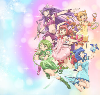 5girls aizawa_mint animal_ears aqua_gloves bare_shoulders bell blonde_hair blue_eyes blue_hair bow braid breasts cat_ears cat_girl cat_tail choker cute_weapon detached_sleeves double_bun dress fong_pudding frilled_thigh_strap fujiwara_zakuro full_body gloves green_choker green_eyes green_garter green_hair green_leotard hair_bun highres holding jingle_bell leotard long_hair looking_at_viewer magical_girl mew_ichigo mew_lettuce mew_mint mew_pudding mew_zakuro midorikawa_lettuce midriff momomiya_ichigo monkey_ears monkey_girl monkey_tail multiple_girls navel official_art open_mouth pink_choker pink_eyes pink_hair puffy_detached_sleeves puffy_sleeves purple_choker purple_eyes purple_hair purple_shorts purple_tube_top red_gloves second-party_source short_hair shorts smile sparkle strapless strawbell_bell tail tail_bell tail_bow tail_ornament thigh_strap tokyo_mew_mew tokyo_mew_mew_new tube_top weapon wings wolf_ears wolf_girl wolf_tail