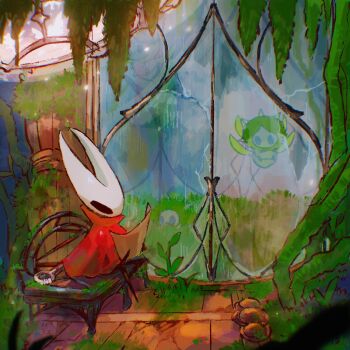 1girl arthropod_girl bench black_eyes black_skin blipbugbug bug butterfly cloak colored_skin crack cracked_glass full_body hashtag-only_commentary highres holding holding_map hollow_eyes hollow_knight hollow_knight:_silksong horned_mask hornet_(hollow_knight) horns in-universe_location indoors insect leaf map mask moss mossgrub_(hollow_knight) mossmir_(hollow_knight) needle_(hollow_knight) plant reading red_cloak sitting vines weapon