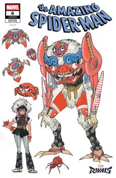 Rule 34 | 1girl, absurdres, black eyes, black hair, bomb, bug, comic cover, concept art, copyright logo, copyright name, cover, cover page, demon days (marvel), english text, explosive, eyeshadow, facial mark, fur hat, hand on own hip, hat, highres, horned hat, japanese clothes, logo, looking at viewer, makeup, marvel, marvel rivals, mecha, official alternate costume, official art, pants, peach momoko, peni parker, peni parker (yatsukahagi), red eyeshadow, reference sheet, robot, sandals, short hair, smile, sp//dr, sp//dr (spider), spider, spider-man (series), spider-verse, striped clothes, striped pants, tabi, white background