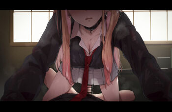 1boy 1girl black_choker blonde_hair breasts choker cleavage commentary_request earrings girl_on_top hetero indoors jewelry just_the_tip kitagawa_marin large_breasts long_hair necktie open_mouth penis pleated_skirt pov red_necktie school_uniform sex skirt sono_bisque_doll_wa_koi_wo_suru white_skirt x4824
