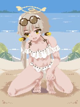 1girl 4mper5and animated animated_gif bad_anatomy barefoot beach bikini bikini_bottom_aside bikini_skirt blue_archive blush breasts brown_hair cleavage clothing_aside collarbone frilled_bikini frills hair_ornament halo hifumi_(blue_archive) hifumi_(swimsuit)_(blue_archive) long_hair looking_down looking_to_the_side low_twintails ocean open_mouth peeing pixel_art puddle pussy rock sand sky small_breasts smile spread_legs squatting swimsuit tree twintails water white_bikini yellow_eyes