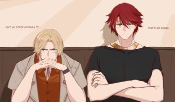:| absurdres against_wall alternate_hair_length alternate_hairstyle black_shirt blonde_hair blue_eyes blush casual chain chain_necklace circlet closed_mouth crossed_arms diadem dishwasher1910 english_text genderswap genderswap_(ftm) gold_necklace green_eyes hair_between_eyes hand_on_own_chin highres indoors interlocked_fingers jacket jewelry light_frown looking_at_viewer neck_ribbon necklace own_hands_together pyrrha_nikos recursive_genderswap red_hair ribbon rwby saphron_cotta-arc shadow shirt short_hair short_sleeves t-shirt thinking v-shaped_eyebrows