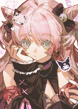 1girl absurdres bang_dream! bang_dream!_it&#039;s_mygo!!!!! black_bow bow chihaya_anon commentary cone_hair_bun earrings grey_eyes hair_bow hair_bun head_rest heart heart_earrings highres hikawayunn jewelry kuromi long_hair long_sleeves pink_hair sanrio symbol-only_commentary twirling_hair upper_body