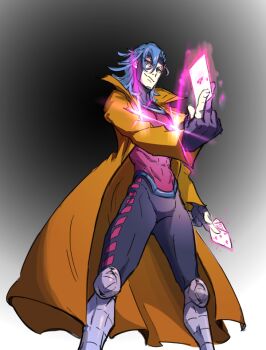 1boy bad_id bad_twitter_id between_fingers blue_eyes blue_hair bodysuit card card_with_aura coat cosplay fingerless_gloves gambit gloves gyosone holding kill_la_kill male_focus marvel mikisugi_aikurou muscular short_hair smile solo trench_coat x-men