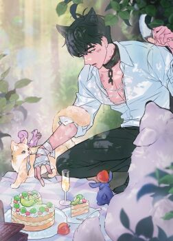 Rule 34 | 1boy, animal ears, bandaged hand, bandages, black choker, black hair, black pants, bruise, bruise on chest, bruise on face, bruise on neck, cake, cake slice, cat, cat ears, champagne flute, choker, commentary, cup, drinking glass, food, hair between eyes, hamin (plave), highres, injury, k-pop, kemonomimi mode, korean commentary, looking at animal, male focus, pants, plant, plave, rjduf666, shirt, short hair, solo, squatting, white shirt