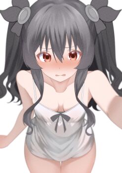 1girl absurdres black_hair black_ribbon blurry_border blush breasts camisole choujigen_game_neptune collarbone colored_eyelashes commentary cowboy_shot downblouse embarrassed english_commentary film_grain gradient_hair grey_hair hair_between_eyes hair_ribbon highres leaning_forward multicolored_hair neptune_(series) nervous red_eyes ribbon selfie sidelocks simple_background small_breasts solo tareme thigh_gap two_side_up uni_(neptunia) white_background white_camisole xueli_shimazaki