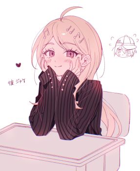 Rule 34 | 1girl, ahoge, akamatsu kaede, black jacket, blonde hair, blush, borrowed clothes, chair, danganronpa (series), danganronpa v3: killing harmony, desk, fortissimo, hair ornament, heart, highres, jacket, long hair, musical note, musical note hair ornament, pink eyes, saihara shuichi, sitting, smile, solo, striped clothes, striped jacket, to ma (ye e00), translation request