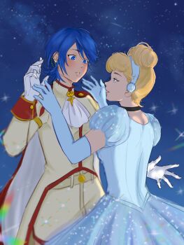 2girls aqua_(kingdom_hearts) cinderella_(disney_character) cinderella_(disney_movie) commentary english_commentary formal_clothes highres kingdom_hearts kingdom_hearts_birth_by_sleep multiple_girls prince suit yuri