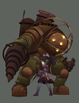 1boy 1girl barefoot big_daddy_(bioshock) bioshock_(series) black_hair bleedman blue_skin bow child colored_skin commentary diving_suit drill_hand glowing glowing_eyes hair_bow highres little_sister_(bioshock) ponytail