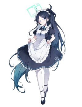 1girl absurdres apron apron_lift aris_(blue_archive) aris_(maid)_(blue_archive) black_dress black_hair black_shoes blue_archive blue_eyes blue_ribbon blush breasts clothes_lift commentary dress fingernails frilled_apron frills full_body green_halo halo highres long_hair looking_at_viewer maid maid_apron maid_headdress mary_janes neck_ribbon official_alternate_costume pantyhose ponytail puffy_short_sleeves puffy_sleeves purple_eyes rectangular_halo ribbon ringed_eyes shoes short_sleeves sidelocks simple_background small_breasts smile solo standing uchihasakino very_long_hair white_apron white_background white_pantyhose