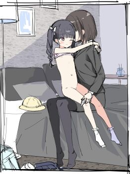 2girls age_difference bag bed black_hair black_leggings black_skirt black_suit blue_skirt bobujirou bra brown_hair clothed_female_nude_female flat_chest formal_clothes hat highres jacket leggings loli multiple_girls nude onee-loli panties pink_bra pink_eyes ribbon school_bag school_hat sitting sitting_on_lap sitting_on_person skirt socks suit suit_jacket training_bra underwear undressing_another white_panties white_ribbon white_socks yuri