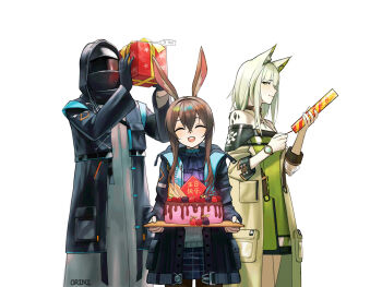 1other 2girls :d ^_^ absurdres amiya_(arknights) animal_ears arknights artist_name ascot bare_shoulders birthday black_gloves black_jacket blue_collar box brown_hair cake chinese_commentary chocolate_syrup closed_eyes closed_mouth clothes_writing collar commentary_request crossed_bangs doctor_(arknights) dress facing_viewer food fruit gift gift_box gloves green_dress green_eyes green_hair grey_robe hair_between_eyes halter_dress halterneck highres holding holding_gift holding_party_popper hood hood_up hooded_jacket jacket kal'tsit_(arknights) long_hair long_sleeves material_growth medium_hair multiple_girls off_shoulder open_clothes open_jacket open_mouth orini oripathy_lesion_(arknights) party_popper profile purple_ascot robe simple_background smile standing star_(symbol) star_of_life strawberry watch white_background wristwatch