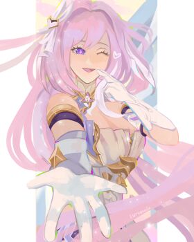 1girl absurdres bare_shoulders breasts cleavage commentary corset diamond-shaped_pupils diamond_(shape) elysia_(herrscher_of_human:_ego)_(honkai_impact) elysia_(honkai_impact) euphonnia gloves hair_ornament highres honkai_(series) honkai_impact_3rd large_breasts long_hair looking_at_viewer multicolored_hair one_eye_closed pink_hair purple_eyes reaching reaching_towards_viewer simple_background solo symbol-shaped_pupils triquetra two-tone_hair very_long_hair white_background white_corset white_gloves white_hair