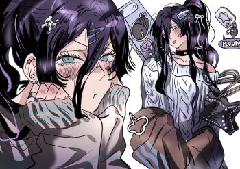 1girl alternate_costume alternate_hairstyle black_choker bomb_devil_(chainsaw_man) busuttt chainsaw_man character_sticker charm_(object) choker closed_mouth explosive green_eyes grenade grey_jacket grey_sweater hair_between_eyes hair_ornament hairclip highres jacket jewelry long_hair long_hair_between_eyes multiple_views pout purple_hair reze_(chainsaw_man) ring speech_bubble sticker sweater tongue tongue_out