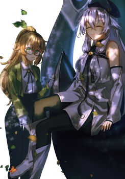 Rule 34 | 2girls, absurdres, altina orion, beret, black hat, black thighhighs, bolo tie, boots, breasts, brown hair, bug, butterfly, claiomh solais (kiseki), closed eyes, closed mouth, detached sleeves, double-parted bangs, dress, eiyuu densetsu, falling leaves, green eyes, hair between eyes, hat, high heel boots, high heels, high ponytail, highres, insect, kai no kiseki, kuro no kiseki (series), leaf, long hair, long sleeves, looking at viewer, madou zakura, multiple girls, parted bangs, ponytail, sidelocks, sitting, small breasts, smile, standing, thighhighs, towa herschel, two side up, upper body, white boots, white hair