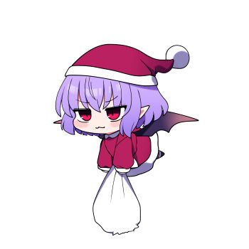 1girl :3 absurdres bat_wings black_shoes blush_stickers box chibi closed_mouth commentary_request dress fur-trimmed_dress fur-trimmed_headwear fur_trim gradient_wings hat highres holding holding_sack long_sleeves looking_ahead medium_hair multicolored_wings no_nose pointy_ears purple_hair red_dress red_eyes red_hat remilia_scarlet sack santa_costume santa_hat shoes solo touhou wings you_(noanoamoemoe)