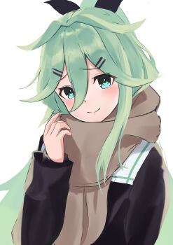 1girl black_bow black_jacket blue_eyes blush bow brown_scarf commentary double-parted_bangs flower green_hair hair_between_eyes hair_bow hair_flower hair_ornament hairclip highres jacket kantai_collection long_hair long_sleeves looking_at_viewer parallel_hairclips ponytail sailor_collar scarf sidelocks simple_background smile solo upper_body white_background white_sailor_collar winter_clothes yamakaze_(kancolle) yuki_4040