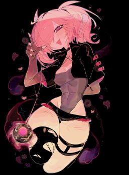 1girl :d @_@ black_background black_jacket black_shorts black_thighhighs breasts commentary commission cropped_jacket cropped_legs english_commentary fingerless_gloves gloves grey_gloves grey_leotard hair_over_one_eye hand_up heart highleg highleg_leotard highres holding jacket leotard looking_at_viewer micro_shorts narrow_waist one_eye_covered open_clothes open_jacket open_mouth original parted_bangs pear-shaped_figure pink_eyes pink_hair short_hair shorts small_breasts smile solo thighhighs torn_clothes torn_thighhighs usa37107692 wide_hips