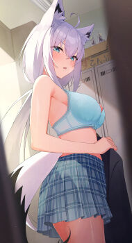 1girl absurdres animal_ear_fluff animal_ears blue_bra blue_eyes blue_skirt blush bra commentary_request fox_ears fox_girl fox_tail from_side hair_between_eyes highres holding holding_unworn_clothes hololive indoors lace lace-trimmed_bra lace_trim locker long_hair looking_at_viewer looking_to_the_side low_ponytail makasamalove no_shirt parted_lips plaid_clothes plaid_skirt pleated_skirt ponytail shirakami_fubuki skirt solo tail underwear virtual_youtuber voyeur_pov voyeurism white_hair