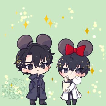 2boys ahoge animal_ears bag biyoo_(omniscient_reader&#039;s_viewpoint) black_coat black_hair black_shirt chewing coat collared_shirt commentary double-parted_bangs eating full_body hair_between_eyes hands_in_pockets highres holding holding_bag kim_dokja kimidori_22 looking_at_another male_focus mouse_ears multiple_boys omniscient_reader&#039;s_viewpoint open_clothes open_coat popped_collar shirt short_hair symbol-only_commentary white_coat yoo_joonghyuk