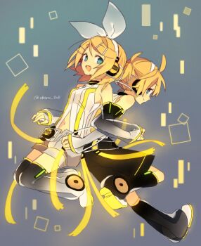 1boy 1girl :d artist_name bare_shoulders black_shorts blonde_hair blue_eyes bow bow_hairband breasts clothing_cutout commentary_request detached_sleeves full_body grey_background grey_shorts hair_bow hair_ornament hairband hairpin headphones kagamine_len kagamine_len_(append) kagamine_rin kagamine_rin_(append) leg_warmers looking_at_viewer navel navel_cutout oboro_0x0 open_mouth see-through_clothes see-through_legwear see-through_sleeves shirt shoes short_hair short_shorts shorts sleeveless sleeveless_shirt small_breasts smile swept_bangs vocaloid vocaloid_append white_bow white_hairband white_shirt white_shoes yellow_trim