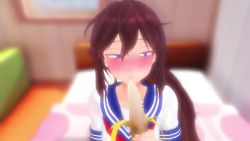 1girl 3d animated banana bedroom blue_eyes blush brown_hair censored drinking food fruit hikamo123 looking_at_viewer mikumikudance_(medium) minase_hikari mosaic_censoring original peeing peeing_in_cup peeing_self school_uniform solo sound standing video