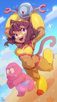 1girl 2boys alternate_costume animal_ears beach bikini breasts brown_hair cat_ears cat_girl cat_tail curvy dinosaur furry furry_female gameoverse gobbles_(gameoverse) highres huge_breasts kaboodle_(gameoverse) kit_bodega lowleg lowleg_bikini multiple_boys official_alternate_costume pink_eyes robot short_hair swimsuit tail thong thong_bikini wide_hips yellow_bikini