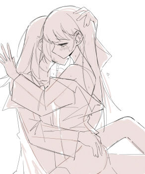 2girls bang_dream! bang_dream!_it&#039;s_mygo!!!!! bite_mark bite_mark_on_breast blush commentary ear_blush greyscale hashtag-only_commentary highres long_hair long_sleeves mole mole_under_eye monochrome multiple_girls off_shoulder shiina_taki sitting sitting_on_lap sitting_on_person sweat yahata_umiri yuri zikiki1092