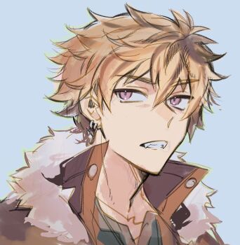 Rule 34 | 1boy, ash carbide, blonde hair, brown jacket, ear piercing, eiyuu densetsu, fang, hajimari no kiseki, highres, jacket, leorlontyan, male focus, open clothes, open jacket, piercing, purple eyes, sen no kiseki, sen no kiseki (series), sen no kiseki iv, simple background