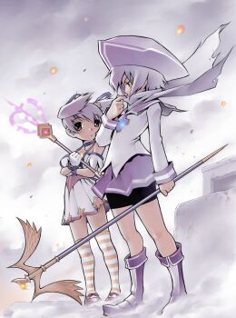 00s 2girls :o bad_id bad_pixiv_id behoimi beret bikini blush dress female_focus full_body hat highres holding long_sleeves magic multiple_girls outdoors pani_poni_dash! parted_lips rod sekihan silver_hair sky staff standing striped_clothes striped_legwear striped_thighhighs swimsuit thighhighs white_dress zettai_ryouiki