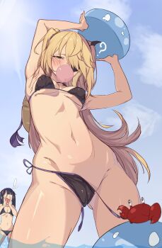 2girls ? armpits arms_up bare_arms bare_shoulders bikini black_bikini blonde_hair blowing_bubble_gum blowing_bubbles breasts cameltoe chewing_gum crab fischl_(genshin_impact) from_below genshin_impact gluteal_fold green_eyes groin highres kkry99 long_hair looking_at_viewer medium_breasts mona_(genshin_impact) multiple_girls navel open_clothes pulling side-tie_bikini_bottom slime_(genshin_impact) solo_focus standing stomach string_bikini swimsuit thighs two_side_up untied_bikini very_long_hair