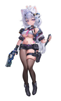 1girl :3 absurdres ahoge animal_ears bare_shoulders belt belt_pouch black_boots black_choker black_sailor_collar black_shorts boots breasts brown_pantyhose brown_thighhighs cat_ears choker closed_mouth commentary_request covered_erect_nipples crop_top crop_top_overhang cropped_jacket dagger gun handgun highres holding holding_gun holding_weapon horns jacket knife large_breasts leg_holster long_hair looking_at_viewer low_twintails micro_shorts midriff multicolored_hair navel necktie no_bra off_shoulder open_clothes open_jacket original pantyhose pink_necktie pouch purple_eyes revealing_clothes reverse_grip sailor_collar shirt short_sleeves shorts single_leg_pantyhose single_thighhigh skindentation sleeveless sleeveless_shirt smile solo stomach streaked_hair taitai thick_thighs thighhighs thighs twintails underboob very_long_hair weapon white_hair white_jacket white_shirt