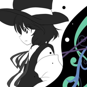 Rule 34 | 1other, abstract, androgynous, bad id, bad pixiv id, bare shoulders, collared shirt, commentary request, detached sleeves, enraku tsubakura, from side, hat, image sample, jandare, len'en, long sleeves, looking ahead, neck ribbon, other focus, parted lips, partially colored, pixiv sample, pointy nose, ribbon, shirt, short hair, sleeveless, sleeveless shirt, solo, surprised, top hat, upper body, vest, white background