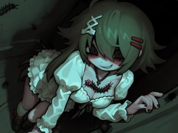 1girl black_eyes black_nails breasts bug centipede cleavage dark dress evil_smile green_hair hand_rest hand_up indoors juliet_sleeves long_sleeves looking_at_viewer nail_polish original parted_lips ponytail puffy_sleeves small_breasts smile solo strawbunimilk white_dress