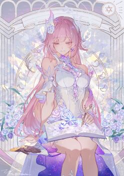 1girl absurdres as_i&#039;ve_written_(honkai:_star_rail) bare_shoulders book breasts closed_mouth commentary_request cyrene_(honkai:_star_rail) cyrene_(ripples_of_past_reverie)_(honkai:_star_rail) dress feet_out_of_frame flower hair_flower hair_ornament highres hitohachan holding holding_quill honkai:_star_rail honkai_(series) looking_down medium_breasts open_book pink_eyes pointy_ears purple_flower purple_rose quill rose sidelocks sitting smile solo watermark white_dress