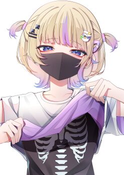 1girl absurdres alternate_costume black_mask black_shirt blonde_hair blue_eyes blush clothes_pull commentary_request doom_yorusen four-pointed_star hair_ornament hairclip hat highres hololive hololive_dev_is looking_at_viewer mask mouth_mask multicolored_hair peaked_cap penguin_hair_ornament purple_streaks shirt shirt_pull short_twintails simple_background skeleton_print solo star_(symbol) star_hair_ornament streaked_hair sunglasses t-shirt todoroki_hajime twintails upper_body virtual_youtuber white_background white_shirt