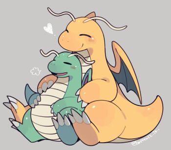 alternate_color blush claws closed_eyes closed_mouth dragon dragonite full_body gen_1_pokemon heart horns mamebato nintendo no_humans open_mouth pokemon pokemon_(creature) pokemon_focus shiny_pokemon simple_background single_horn smile tail wings