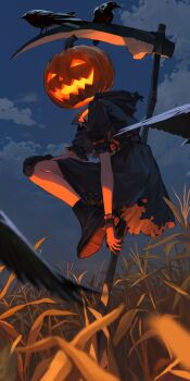 1girl asymmetrical_gloves belt bird black_dress black_footwear black_gloves cloud cloudy_sky collared_dress crow dress field floating_head gloves glowing halloween highres knifedragon mismatched_gloves night night_sky original puffy_short_sleeves puffy_sleeves pumpkin scythe short_sleeves sky solo torn_clothes torn_dress wheat_field white_gloves