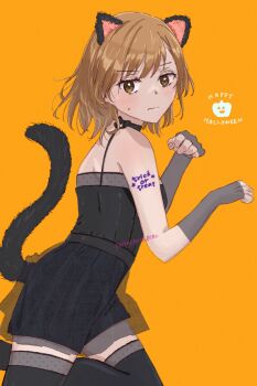 1girl animal_ears black_dress black_gloves black_thighhighs brown_eyes brown_hair cat_ears cat_tail dress elbow_gloves embarrassed fake_animal_ears fake_tail fingerless_gloves from_side gloves halloween halloween_costume happy_halloween highres light_blush looking_at_viewer medium_hair misaka_mikoto orange_background paw_pose pinkgekota0502 short_dress solo sweatdrop tail thighhighs toaru_kagaku_no_railgun toaru_majutsu_no_index