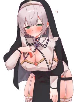 Rule 34 | 1girl, absurdres, black dress, black headdress, blush, breasts, cleavage, closed mouth, dress, garter straps, green eyes, grey hair, highres, hololive, large breasts, looking at viewer, medium hair, nun headdress, official alternate costume, shirogane noel, shirogane noel (battle nun), solo, tepenchi, thighhighs, virtual youtuber, white background, white garter straps, white thighhighs