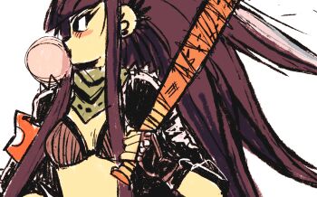 Rule 34 | 1girl, armband, black gloves, black jacket, blowing bubble gum, blush, bra, character request, chewing gum, commentary, copyright request, ear piercing, english commentary, eyelashes, fingerless gloves, gloves, gothlete99, holding baton (weapon), jacket, long hair, long sleeves, open clothes, open jacket, piercing, purple bra, purple hair, shoulder spikes, simple background, solo, spikes, third-party source, underwear, white background