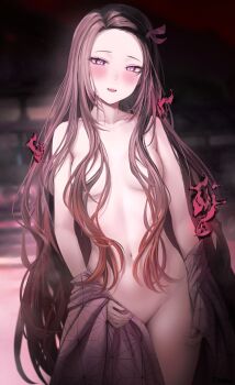 1girl :d blush breasts brown_hair collarbone convenient_censoring cowboy_shot forehead frown_(wonderland85711) gradient_hair groin hair_censor hair_over_breasts hair_ribbon highres japanese_clothes kamado_nezuko kimetsu_no_yaiba kimono long_hair long_sleeves looking_at_viewer multicolored_hair navel nude open_mouth pink_kimono pink_ribbon purple_eyes red_hair ribbon sleeves_past_wrists small_breasts smile solo steaming_body very_long_hair wide_sleeves