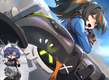 1boy 2girls :o absurdres ahoge arms_up baggy_pants bangboo_(zenless_zone_zero) belle_(zenless_zone_zero) black_gloves black_hair black_pants black_shirt blue_hair blue_jacket blue_sky blue_trim blush breast_rest breasts capelet chibi chinese_text clothes_writing commentary controller cropped_jacket crying dutch_angle english_text fingerless_gloves gloves grey_hair grey_jacket grey_pants gun hair_between_eyes hairdressing handgun handlebar head-mounted_display high-waist_pants highres holding holding_controller holster jacket knee_pads large_breasts long_hair long_sleeves looking_back motion_lines multicolored_hair multiple_girls multiple_views orange_gloves pants pistol police police_uniform policewoman ponytail red_eyes red_hair serious shirt short_hair shoulder_holster sitting sitting_on_person sky streaked_hair struggling thick_thighs thighs two-tone_hair vilde_loh_hocen weapon wise_(zenless_zone_zero) x_x zenless_zone_zero zhu_yuan