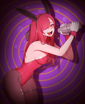 1girl :d absurdres animal_ear_hairband animal_ears bare_shoulders black_bow black_hairband black_pantyhose blush bow breasts cocktail_shaker cowboy_shot drunk fake_animal_ears gauze gauze_over_eye gloves hair_bow hairband highleg highleg_leotard highres holding_cocktail_shaker large_breasts leaning_forward leotard limbus_company long_hair looking_at_viewer misg1111 open_mouth pantyhose pink_eyes pink_hair pink_leotard playboy_bunny project_moon purple_background rabbit_ears shadow smile solo sweatdrop swirl thigh_strap white_gloves yuri_(project_moon)