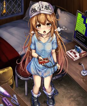 1girl bag baseball_cap bdsm bed bedroom black_boots blue_shirt blush boots breath brown_eyes brown_hair chain commentary_request controller cuffs empty_eyes famicom female_ejaculation female_focus female_orgasm flag flat_cap flat_chest full_body game_console game_controller hair_between_eyes hat hataraku_saibou heavy_breathing highres hitachi_magic_wand holding holding_flag loli long_hair looking_at_viewer messy_hair microphone moaning monikano night nipples no_bra no_pants open_mouth orgasm oversized_clothes oversized_shirt panties peeing pillow platelet_(hataraku_saibou) pussy_juice satchel see-through_clothes sex_toy shirt short_sleeves solo stool t-shirt table television tokyo_tower trembling underwear vibrator webcam white_hat white_panties window