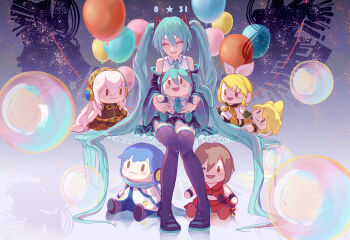1girl absurdres aqua_eyes aqua_hair aqua_necktie aqua_trim balloon black_skirt boots closed_eyes dated detached_sleeves hailio hair_between_eyes hair_ornament hatsune_miku highres holding holding_stuffed_toy kagamine_len kagamine_rin kaito_(vocaloid) long_hair long_sleeves megurine_luka meiko_(vocaloid) necktie open_mouth pleated_skirt shirt sitting skirt smile solo stuffed_toy thigh_boots twintails very_long_hair vocaloid white_shirt wide_sleeves